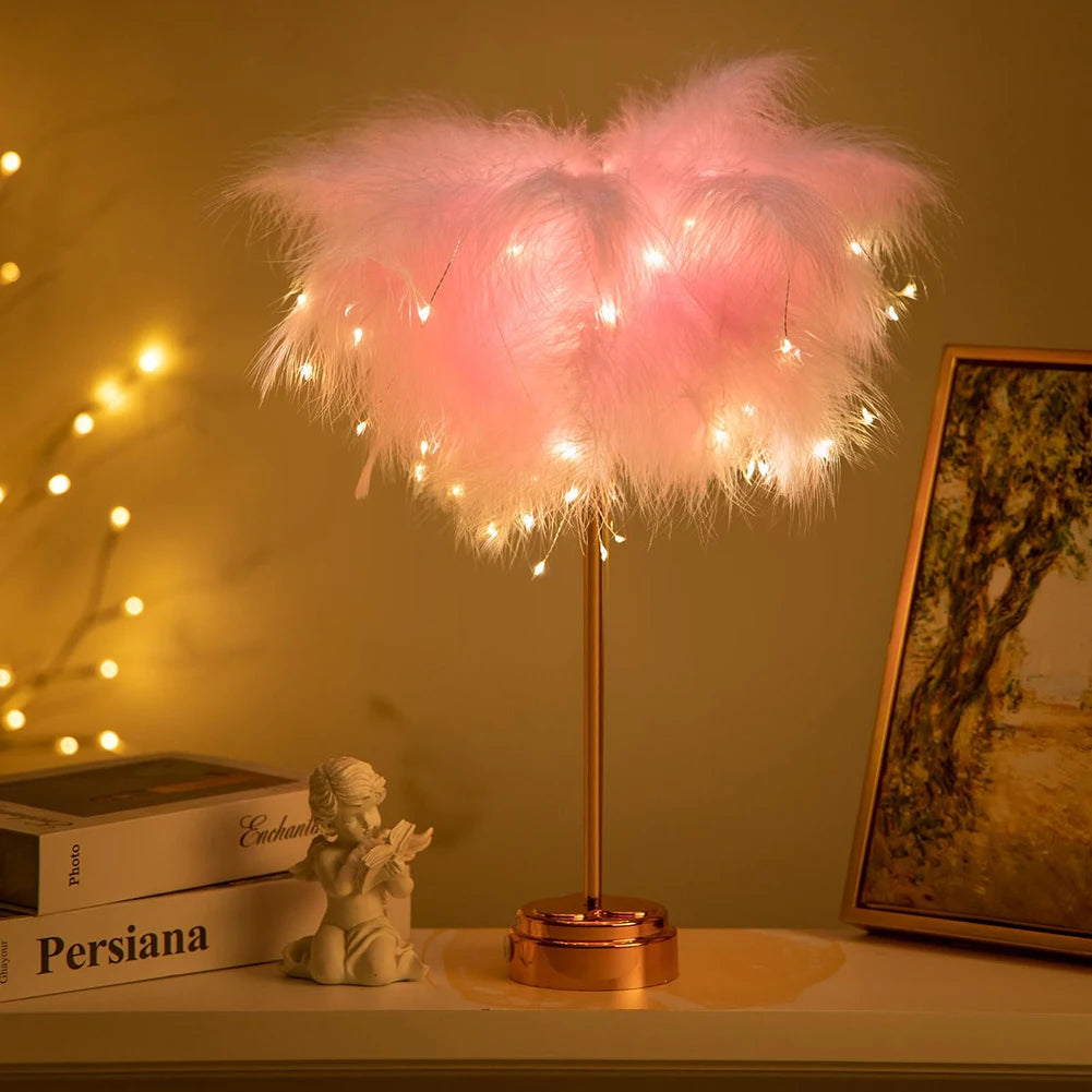 Creative Feather Table Lamp with Remote Control USB/AA Battery Power Desk Lamp