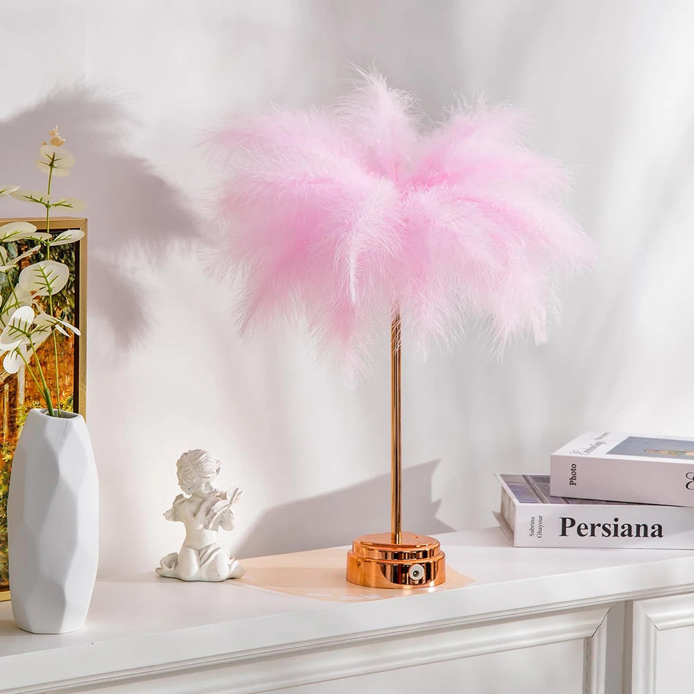 Creative Feather Table Lamp with Remote Control USB/AA Battery Power Desk Lamp